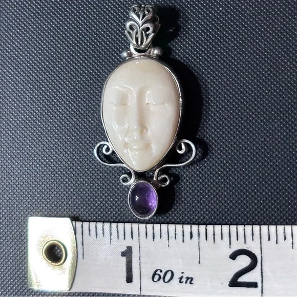 Vintage Sterling Silver Carved Bone Goddess
Moon Face & Amethyst Pendant - Picture 6 of 6